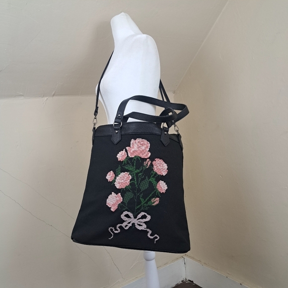 Dolls Kill Widow Shadow Bloom Floral Embroidered Cross-Stitch Black Tote Bag - Picture 2 of 12